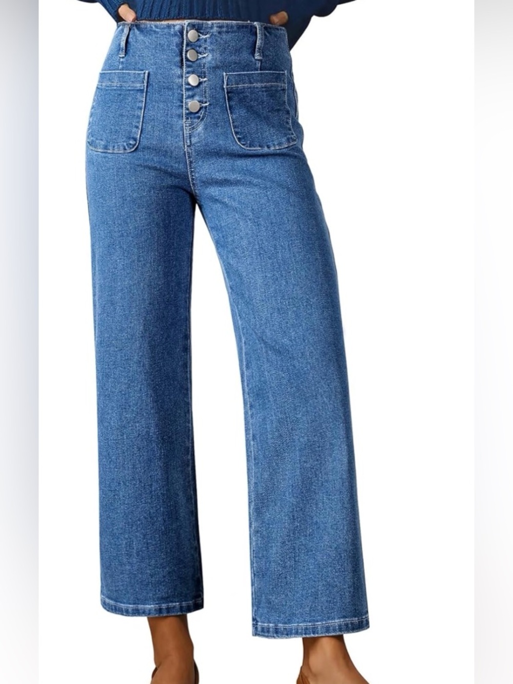 Sidefeel High-Waisted Button Front Wide Leg Jeans | Patch Pocket Denim | Size 8